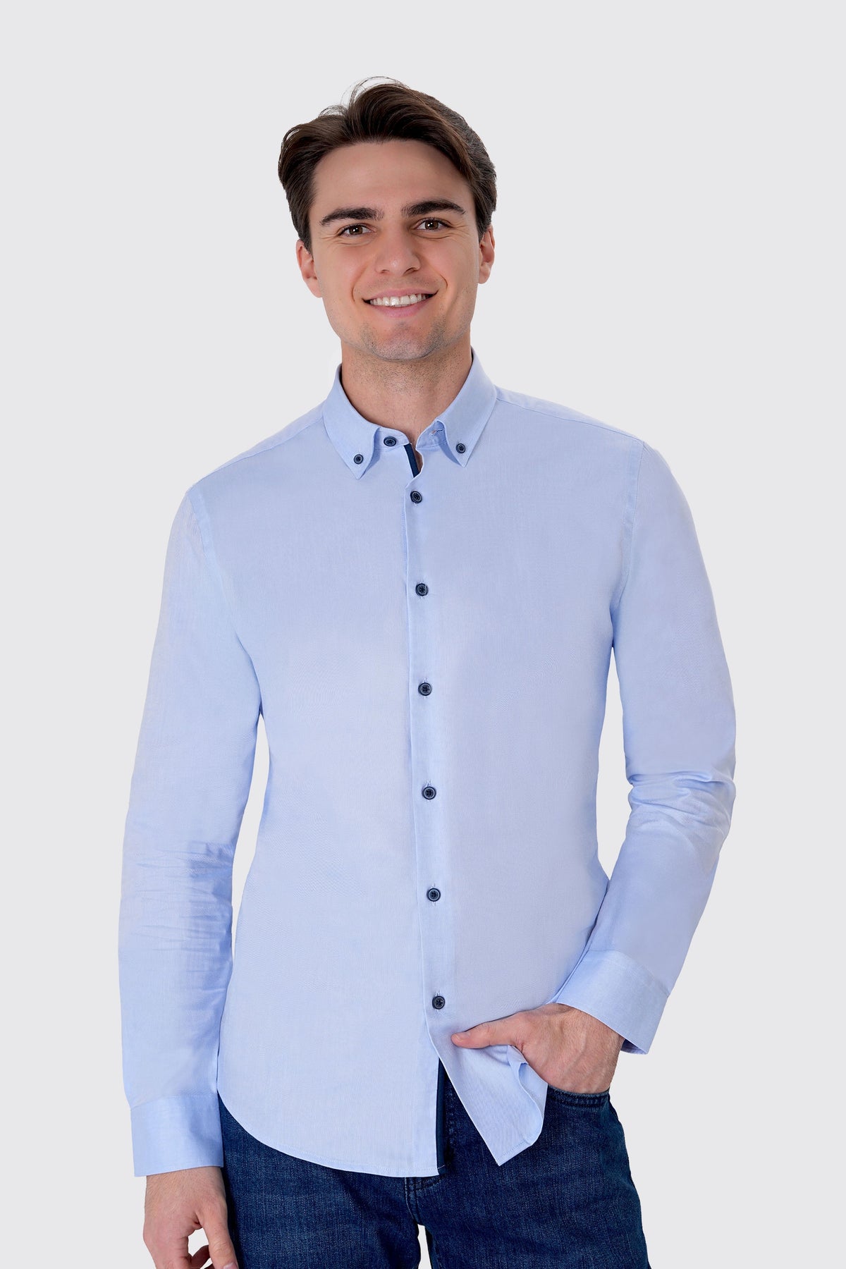 Slim Fit Oxford Erkek Gömlek, Mavi - 2