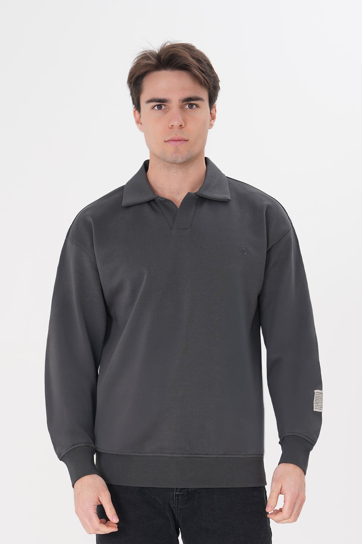 Polo Yaka Logo Nakışlı Sweatshirt, Antrasit - 1