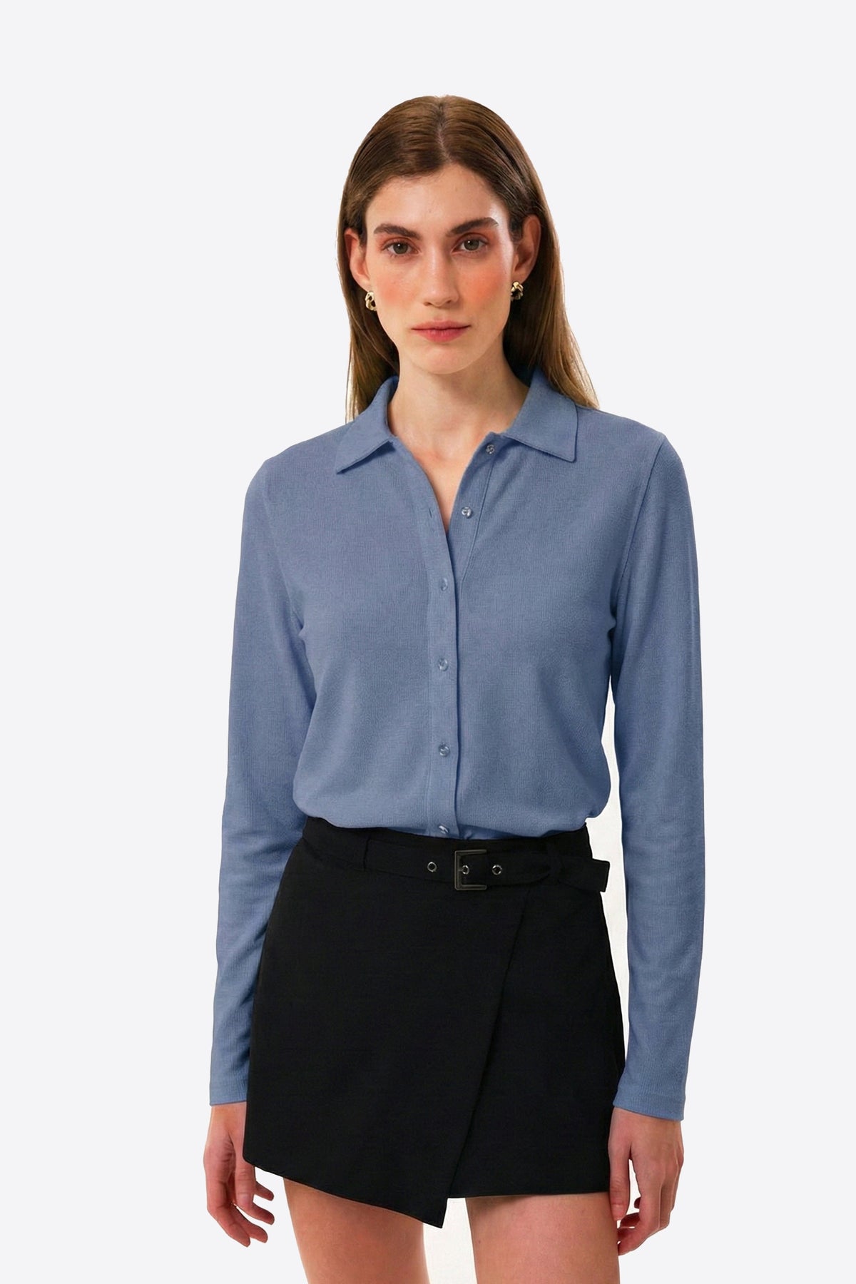 Slim Fit Kadın Gömlek, Mavi - 2