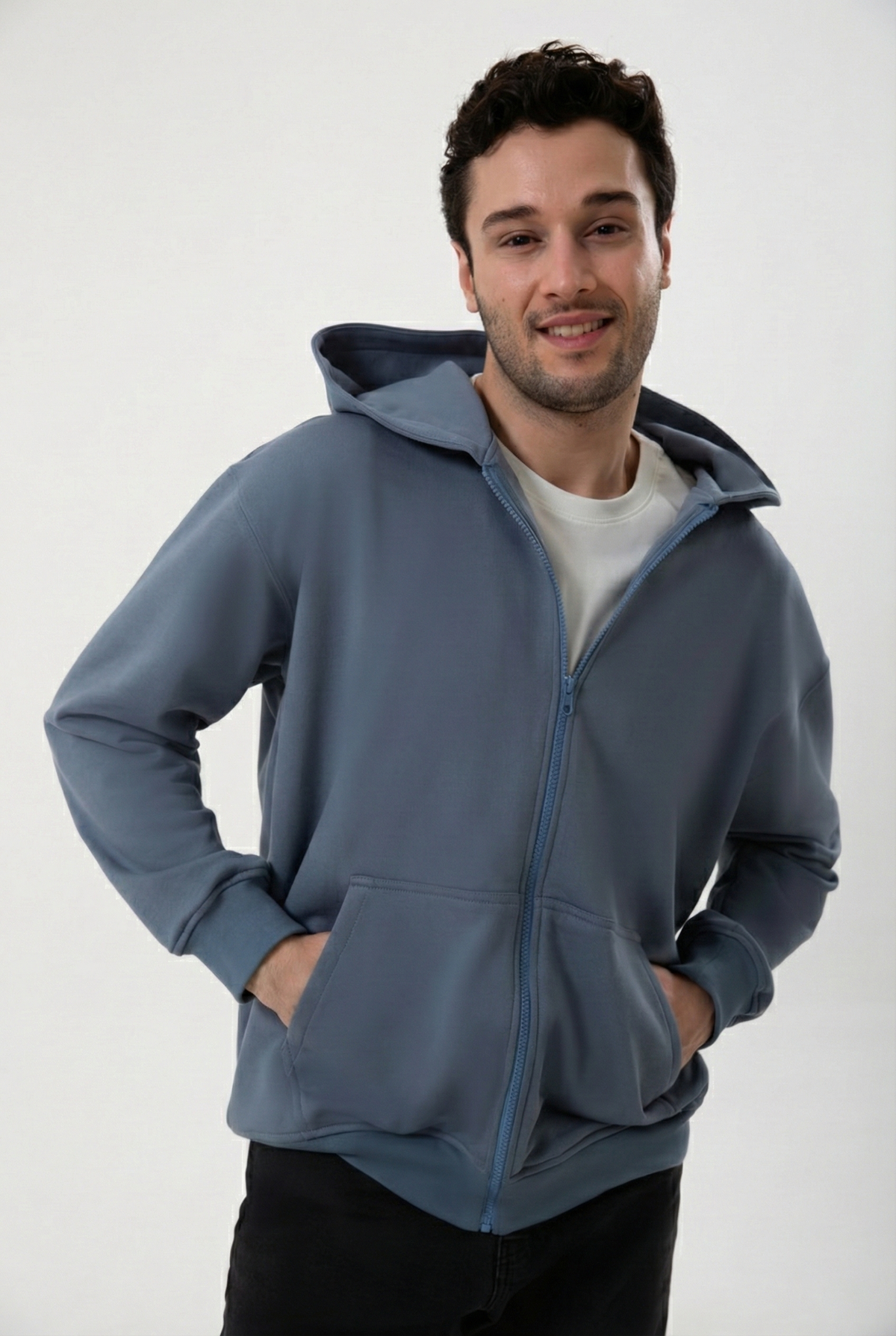 Fermuarlı Kapüşonlu Logo Nakışlı Sweatshirt, Kurşuni - 0