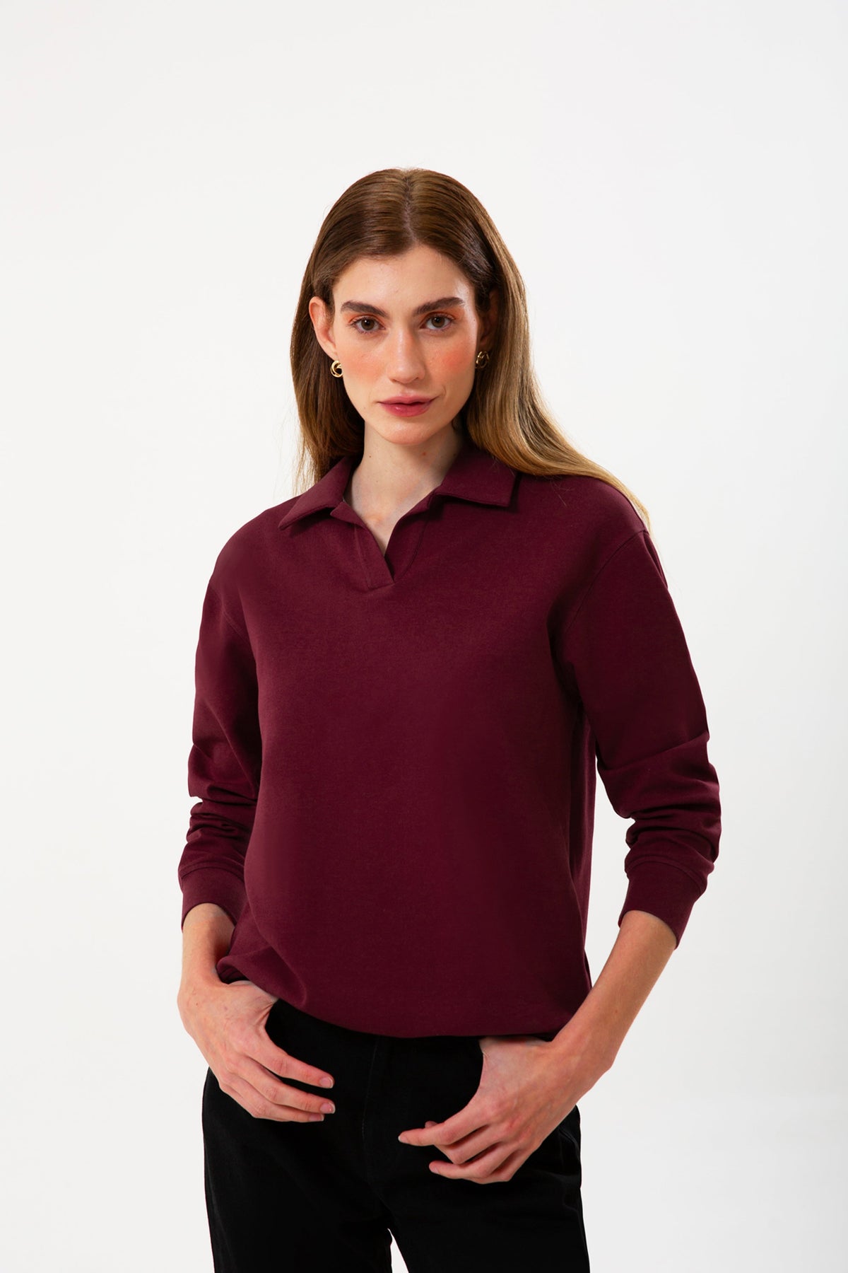 Polo Yaka Logo Nakışlı Sweatshirt, Bordo - 2