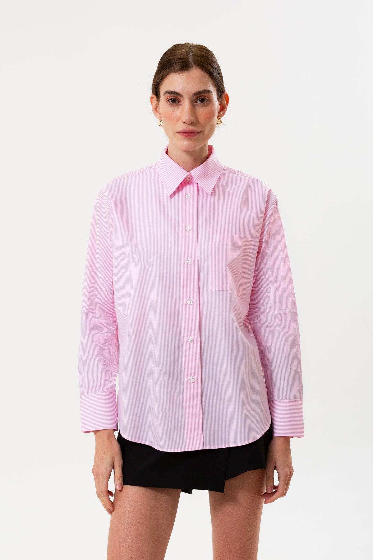 Çizgili Bol Kesim Kadın Gömlek, Pembe - 1