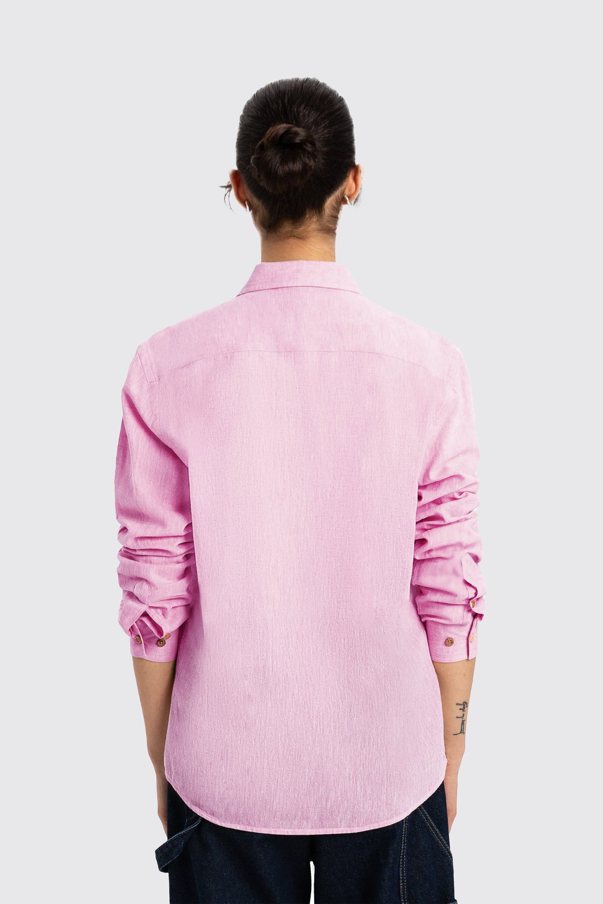 Keten Karışımlı Uzun Kollu Kadın Gömlek, Pembe - 5