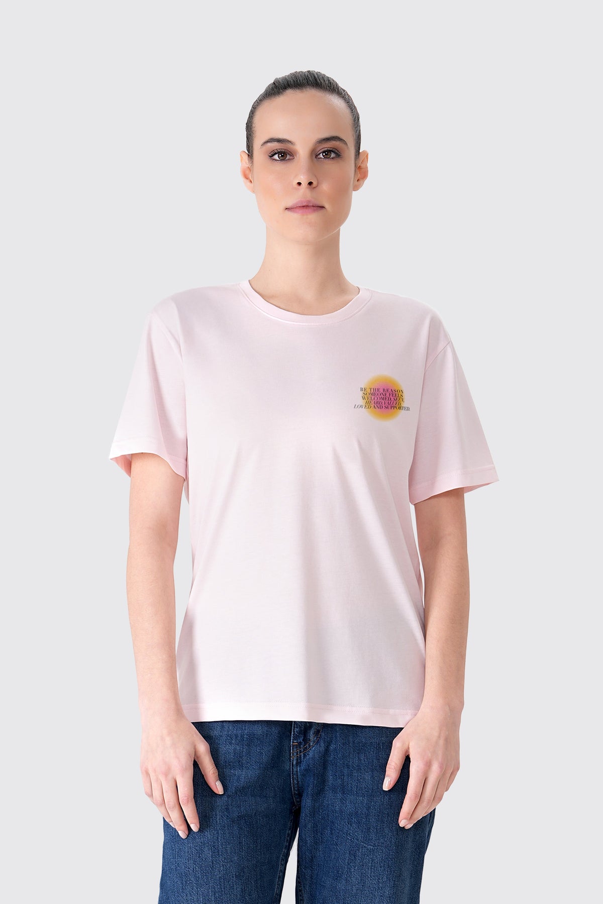 Baskılı Bisiklet Yaka Kadın Tişört, Pembe - 2