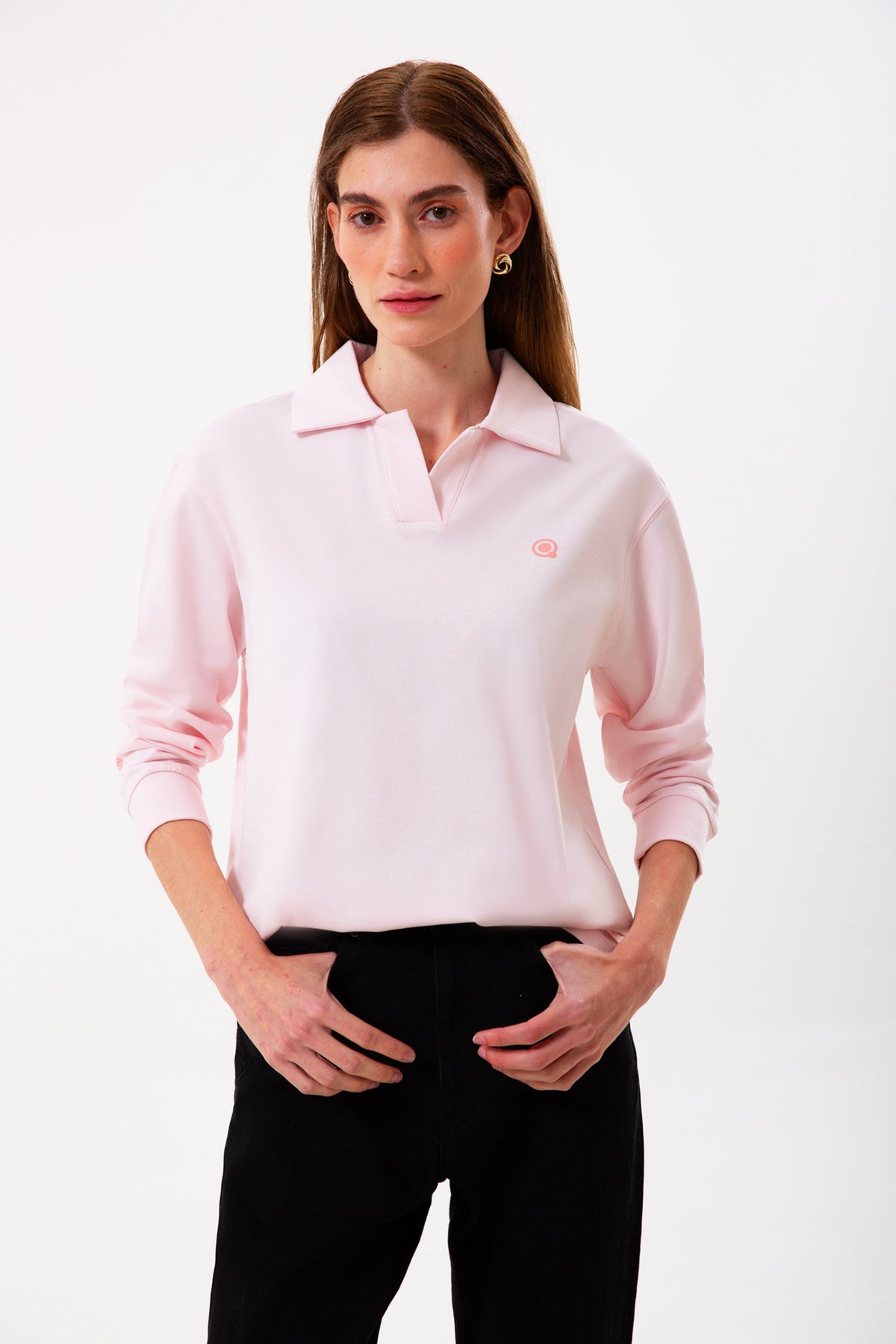 Polo Yaka Uzun Kollu Kadın Tişört, Pembe - 1
