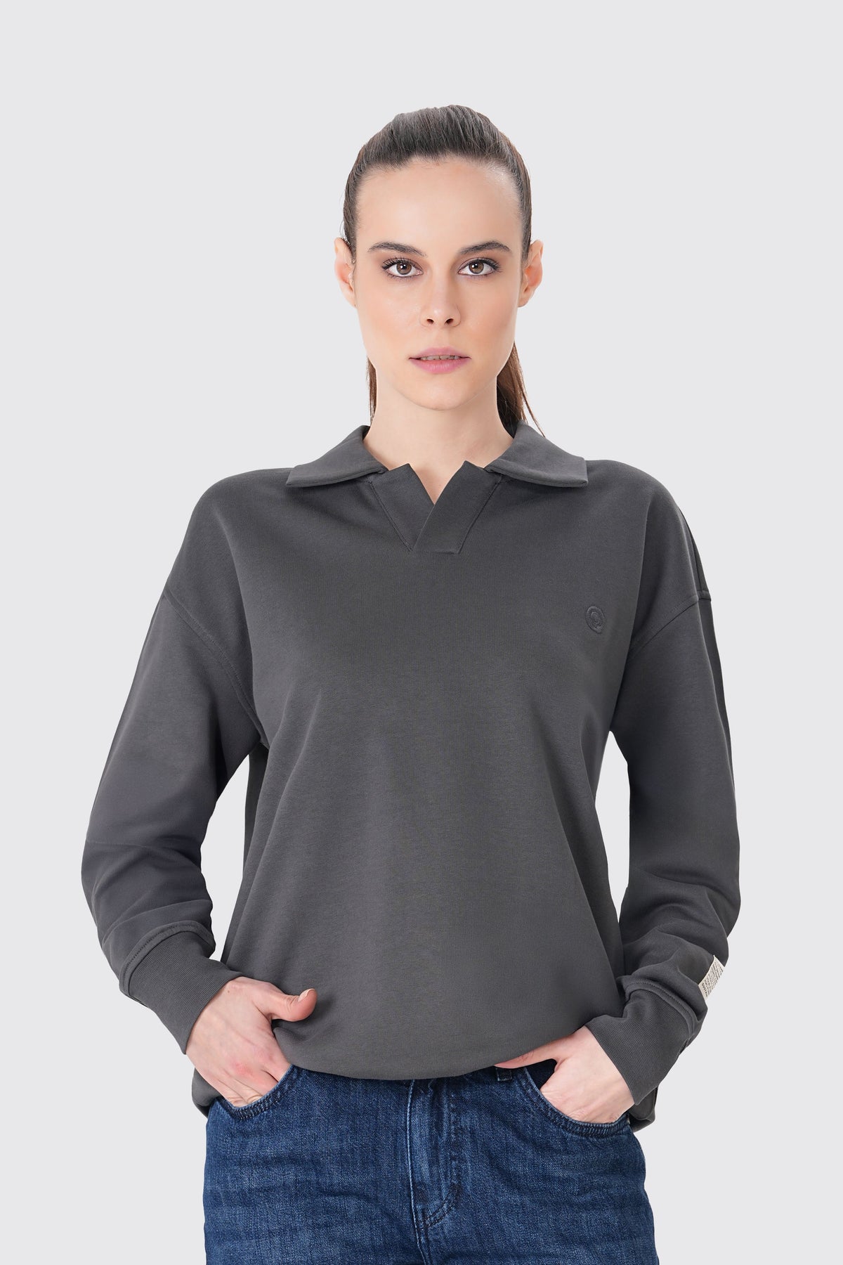 Polo Yaka Logo Nakışlı Sweatshirt, Antrasit - 1