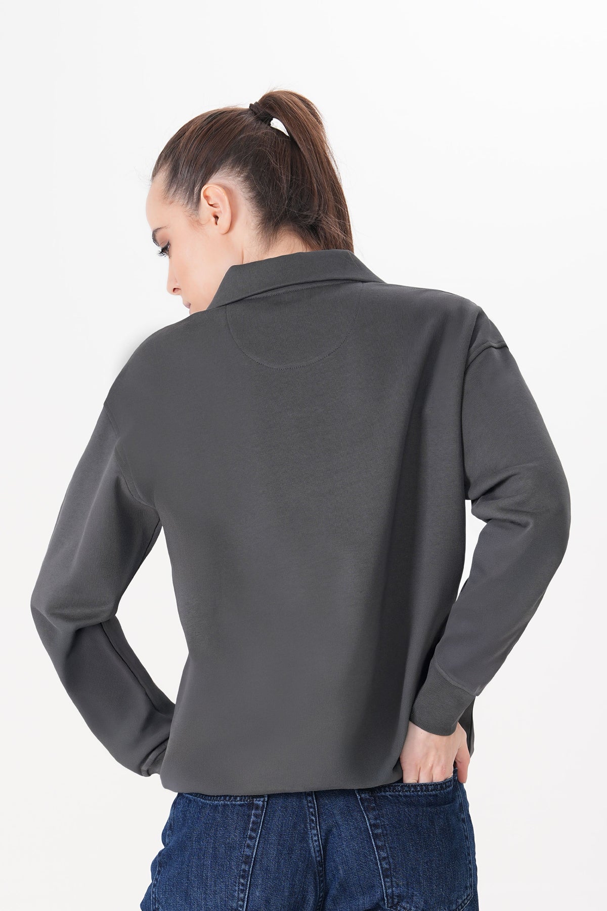 Polo Yaka Logo Nakışlı Sweatshirt, Antrasit - 3