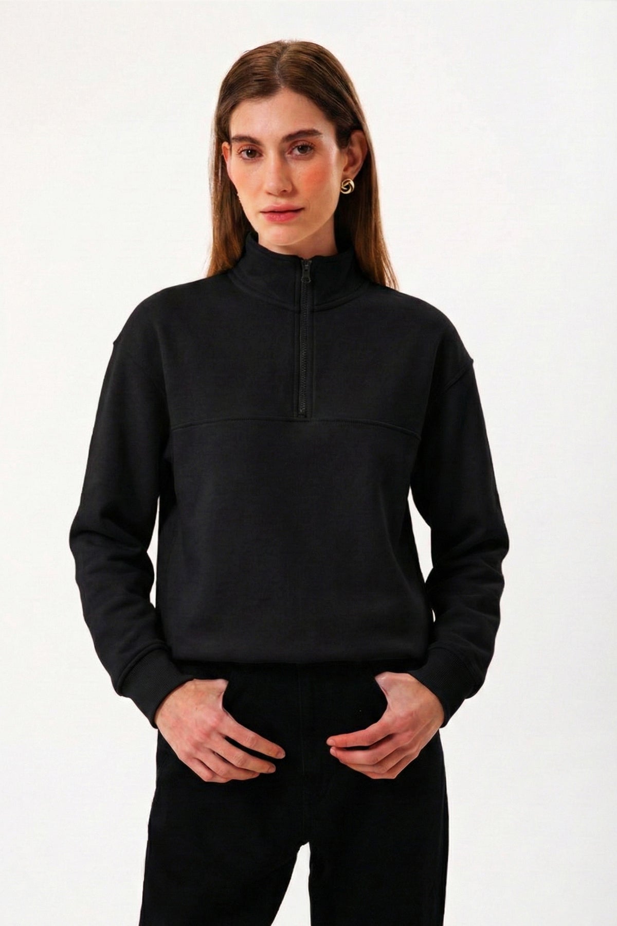 Yarım Fermuarlı Kadın Sweatshirt, Siyah - 0