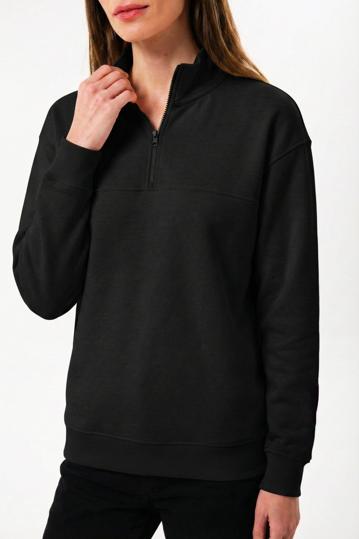 Yarım Fermuarlı Kadın Sweatshirt, Siyah - 1