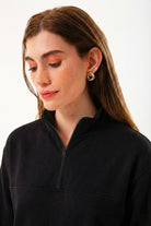 Yarım Fermuarlı Kadın Sweatshirt, Siyah - 2