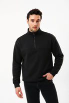 Yarım Fermuarlı Erkek Sweatshirt, Siyah - 1