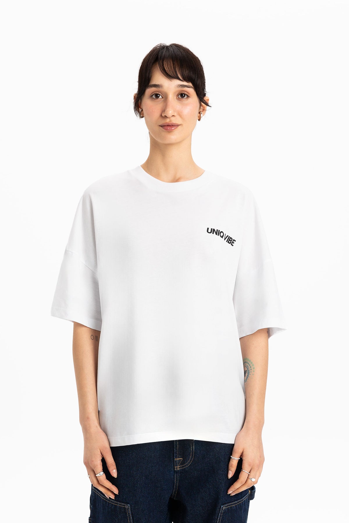 Baskılı Bisiklet Yaka Oversize Tişört - 1