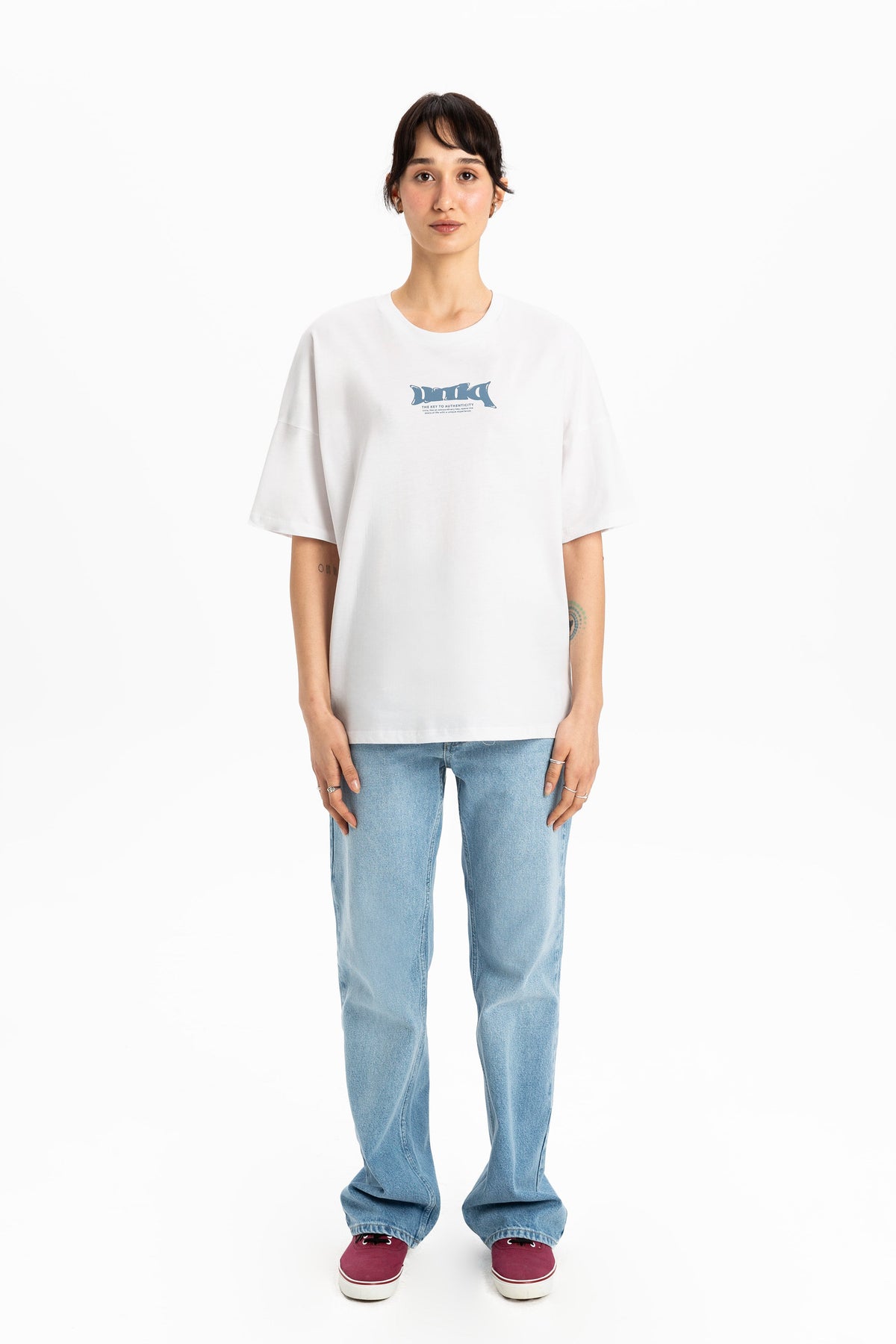 Baskılı Bisiklet Yaka Oversize Tişört - 0
