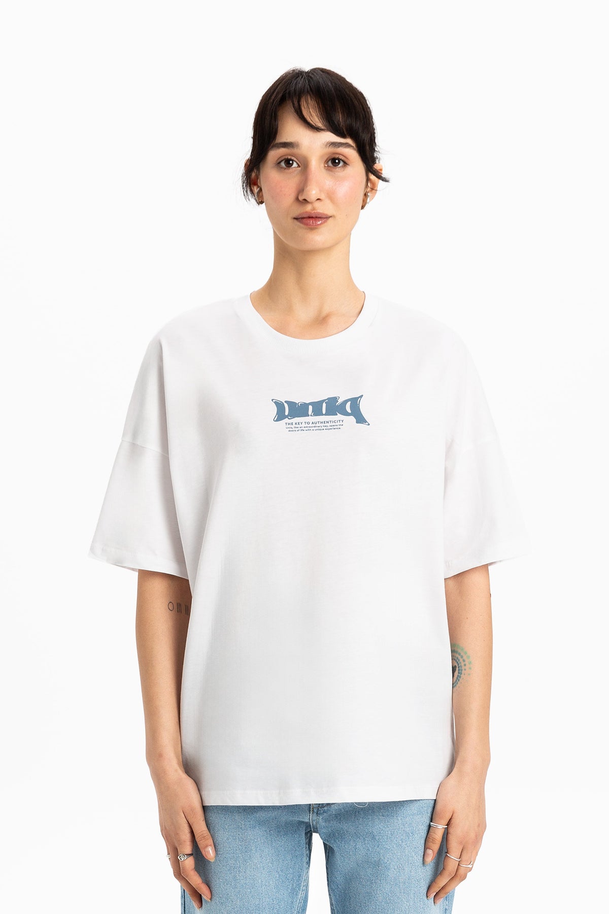 Baskılı Bisiklet Yaka Oversize Tişört - 1