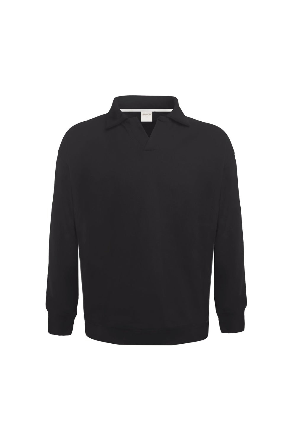 Polo Yaka Logo Nakışlı Sweatshirt, Siyah - 0