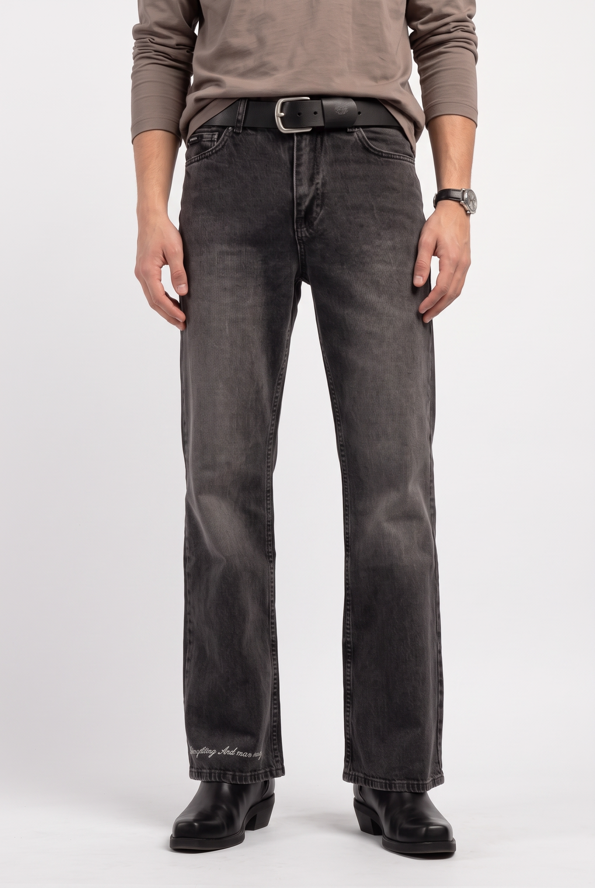Geniş Paça Nakış Detaylı Jean Pantolon, Siyah - 4