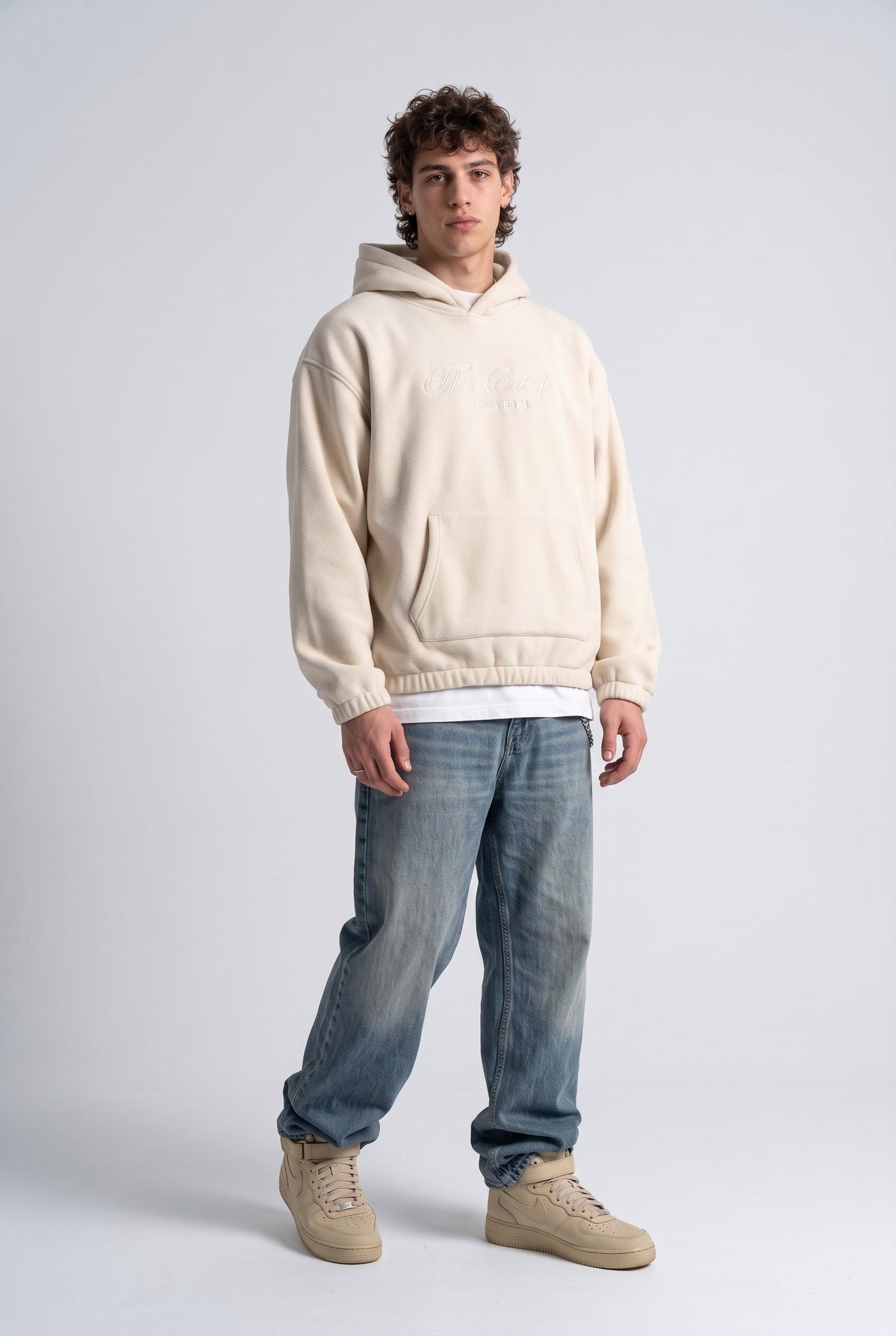 Kapüşonlu Kanguru Cepli Nakışlı Sweatshirt, Bej - 2