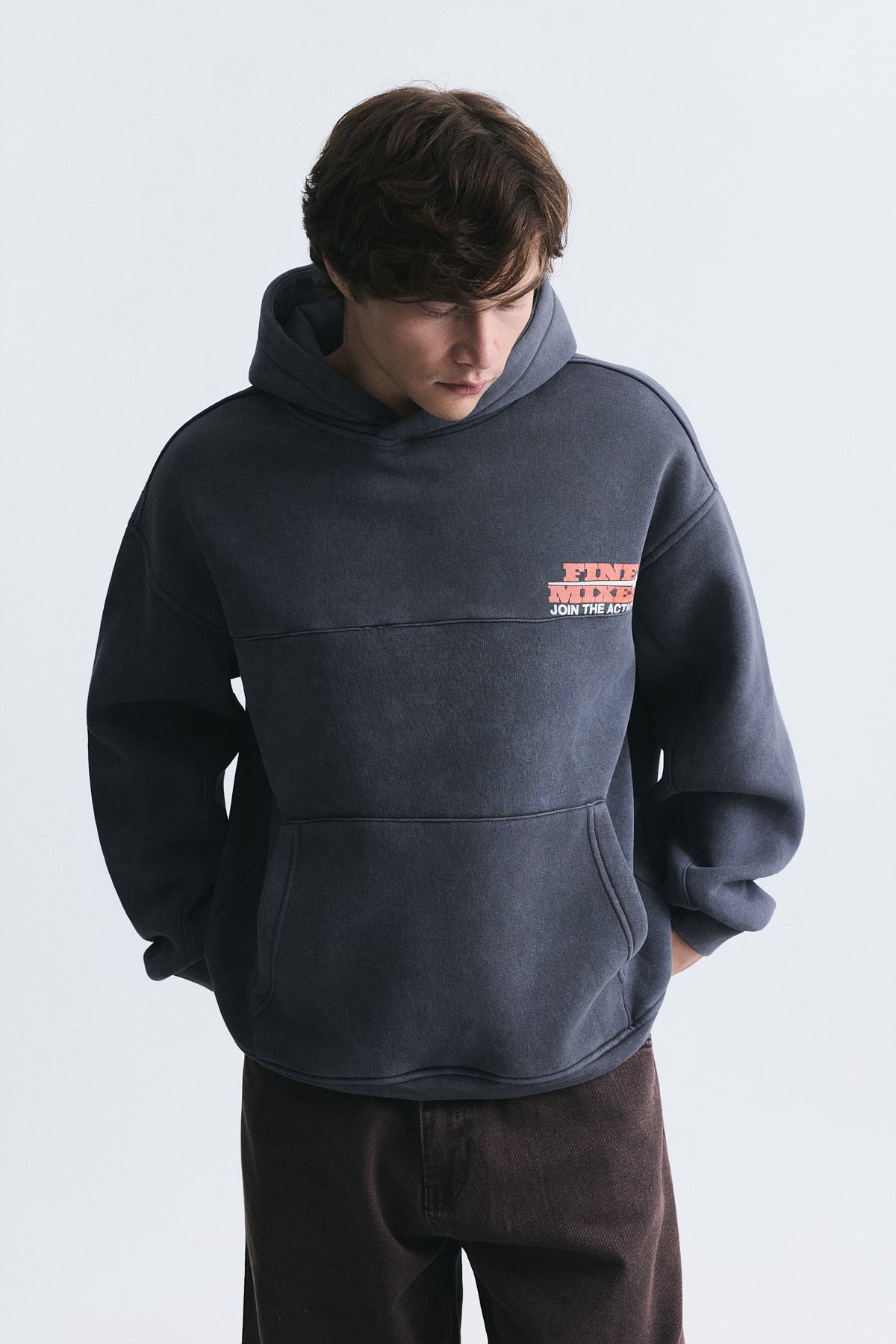 Yıkamalı Oversize Kapüşonlu Sweatshirt, Füme - 3