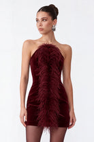 Tüy Detayli Bordo KadiFe MiNi Bodycon ElbiSe
