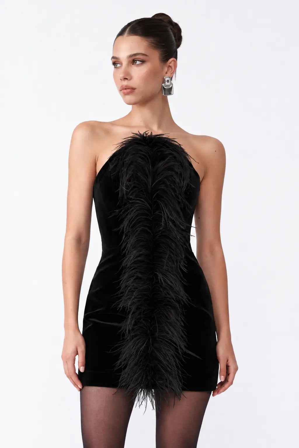 Tüy Detayli SiYah KadiFe MiNi Bodycon ElbiSe