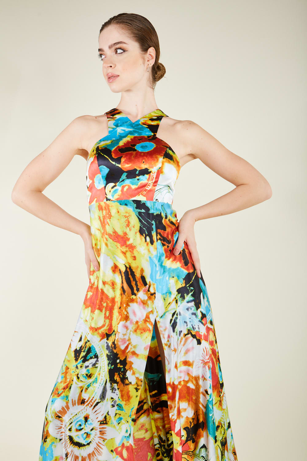 Silk Parade-Saf İpek Saten Sarı Desenli Gece Elbisesi-Elbise-2-roqelvaxirum.shop