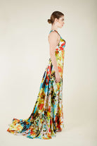 Silk Parade-Saf İpek Saten Sarı Desenli Gece Elbisesi-Elbise-3-roqelvaxirum.shop