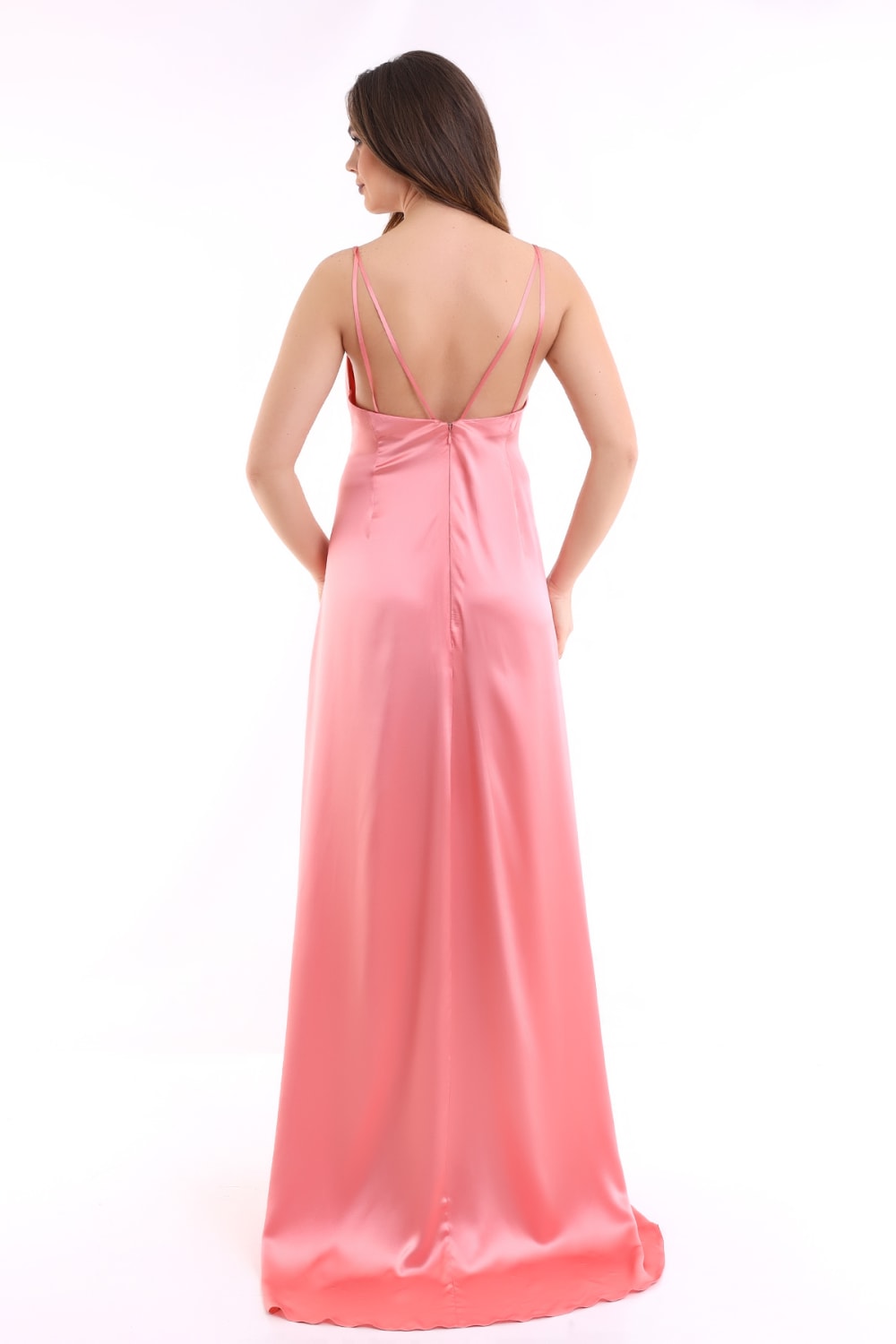 Silk Parade-Saf İpek Saten Somon Rengi Gece Elbisesi-Elbise-2-roqelvaxirum.shop