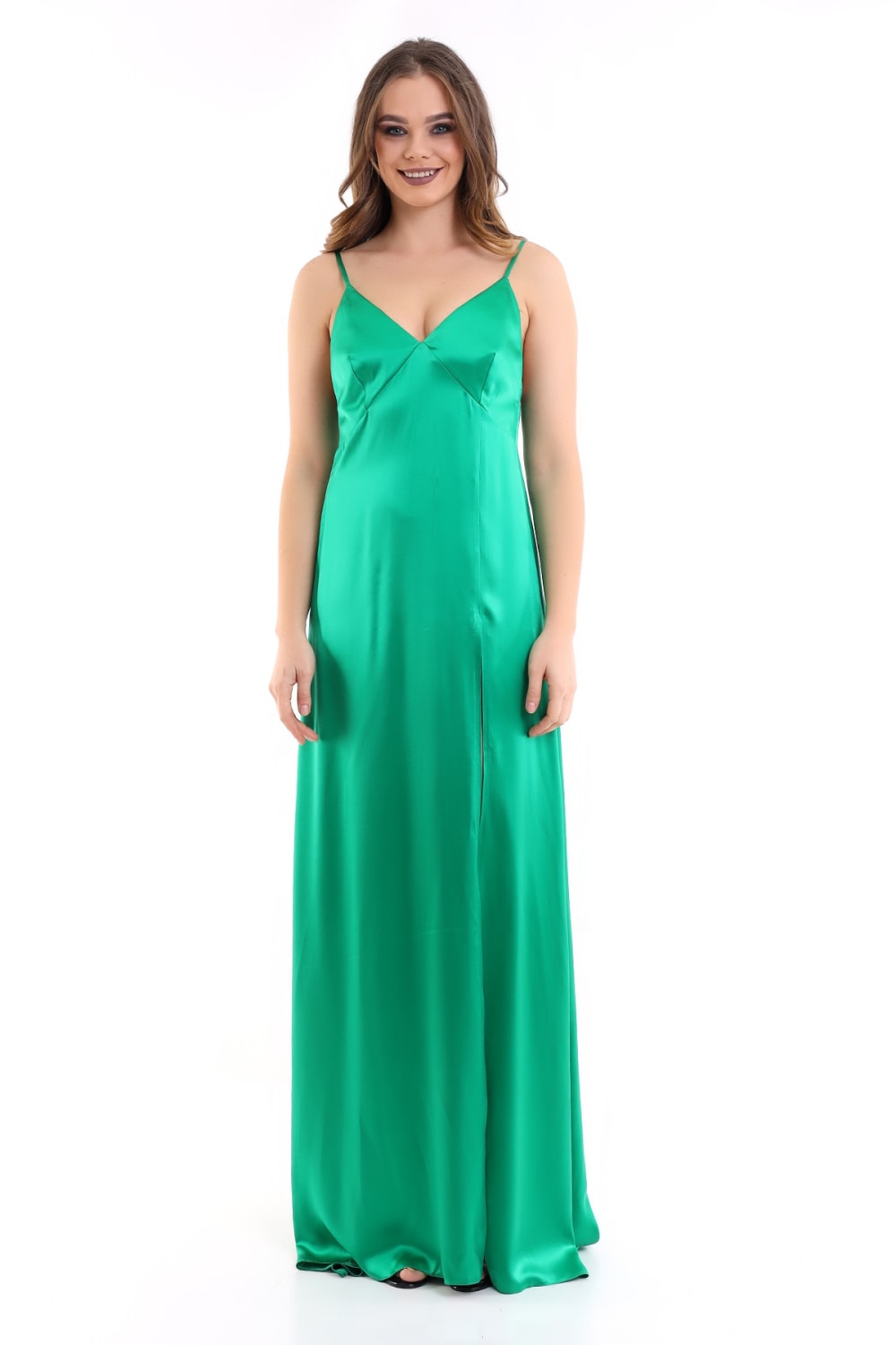 Silk Parade-Saf İpek Saten Yeşil Gece Elbisesi-Elbise-2-roqelvaxirum.shop